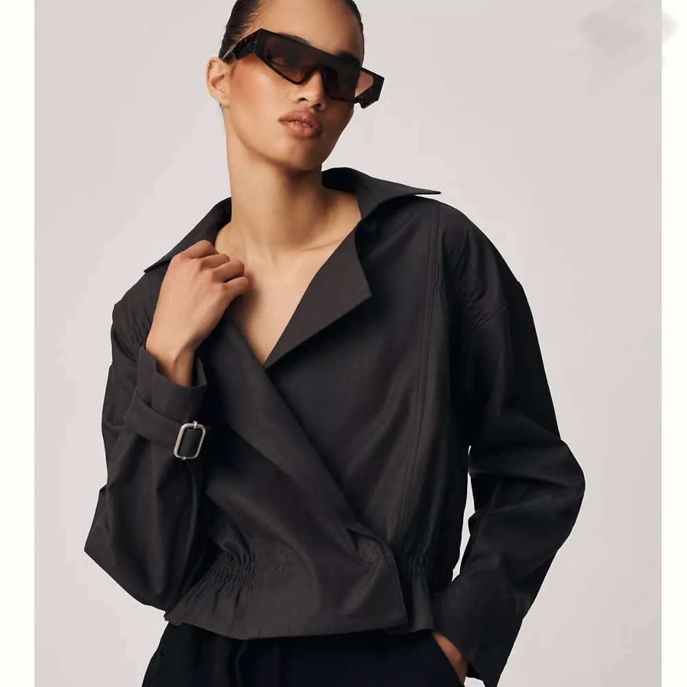 Anthropologie Cropped Ruched-Sleeve Moto Jacket Size XS Dark Grey Cotton Blend